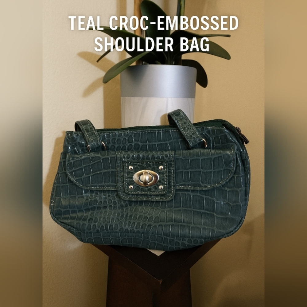 Teal Croc-Embossed Shoulder Bag